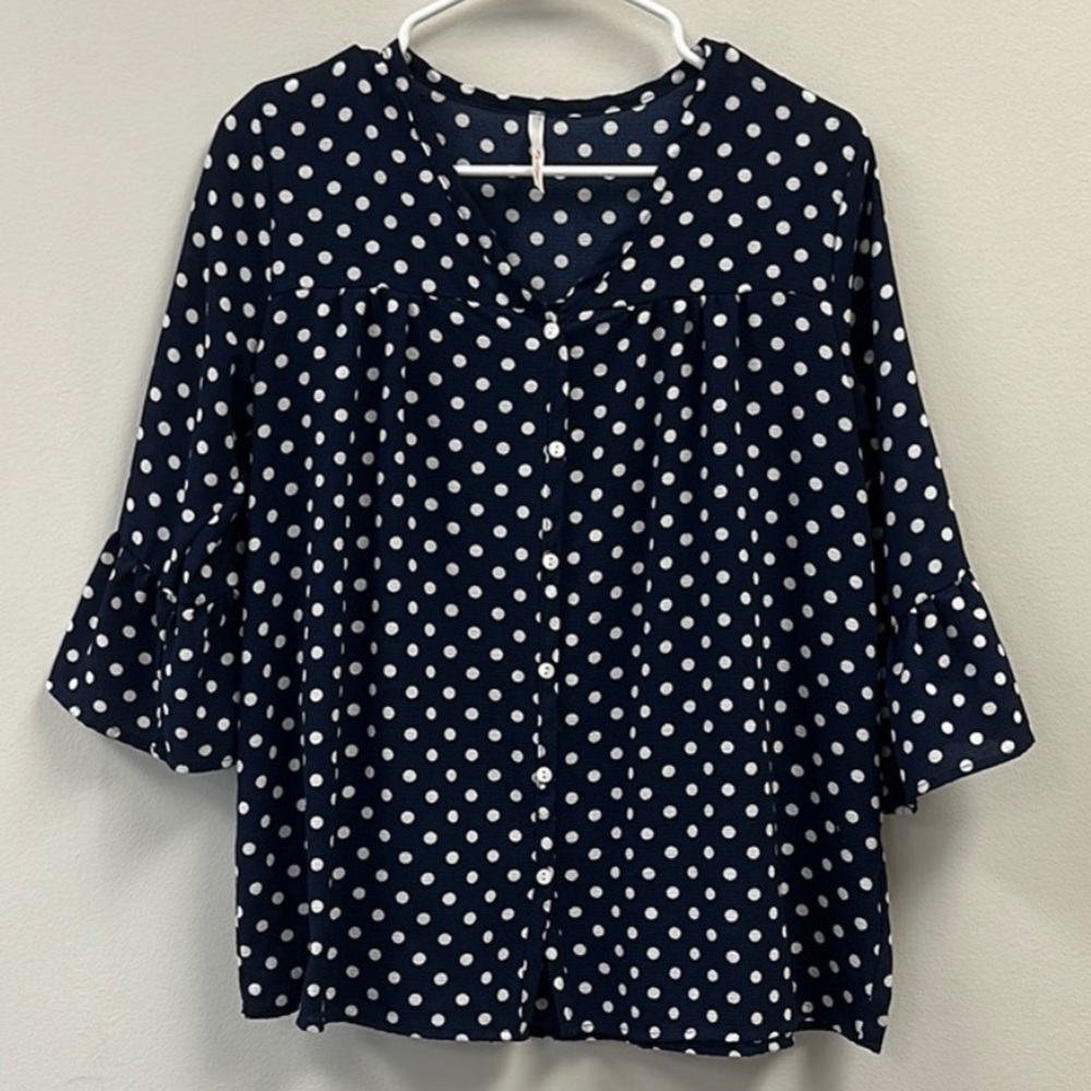 Navy Polka Dot Women's Button Up Top Small